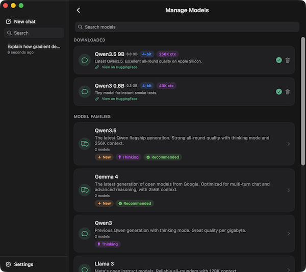 Manage Models — downloaded Qwen models with size and context badges, plus curated model families